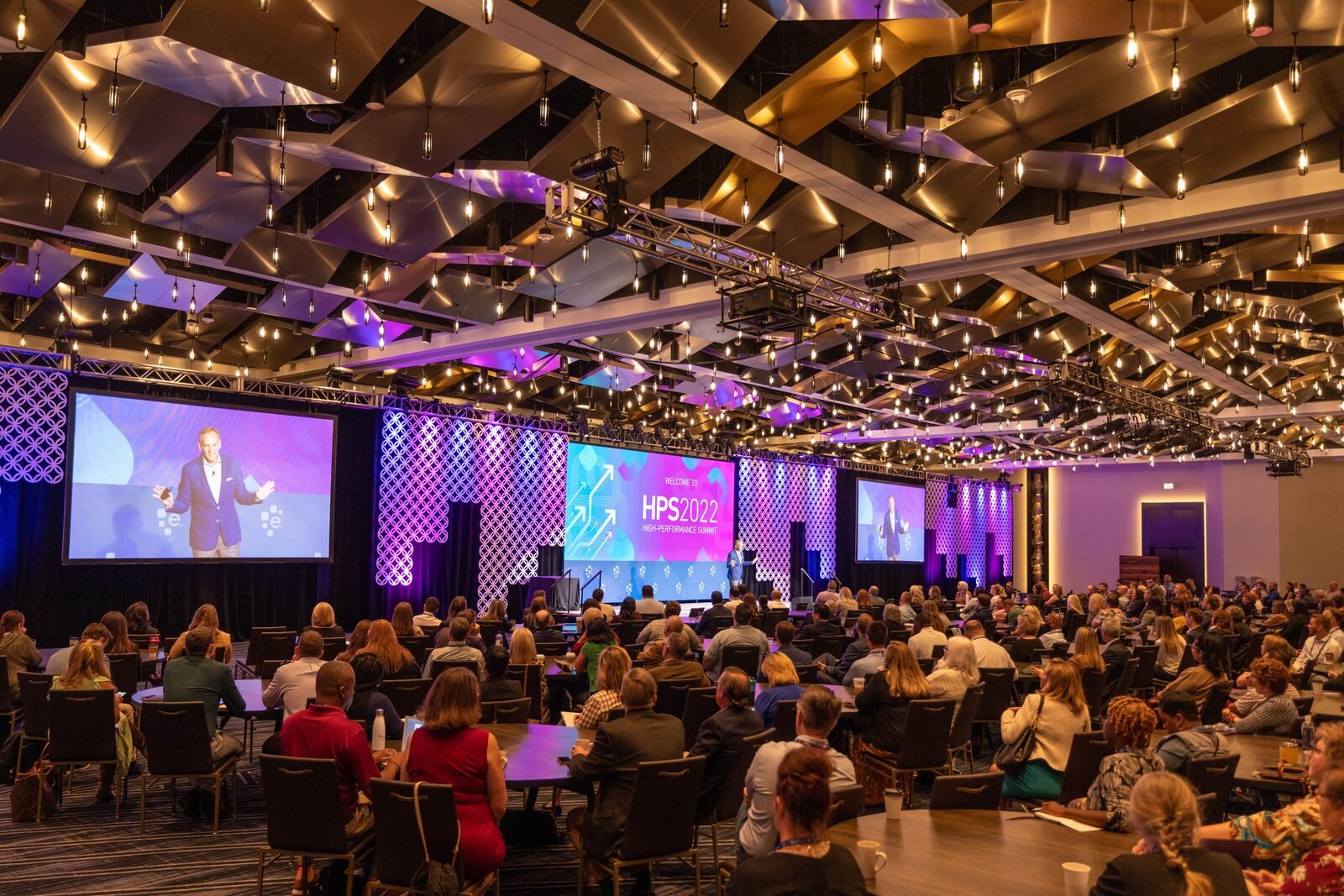 Nashville hotel ballroom conference production with LED video wall, IMAG screens and violet uplighting — Nashville Audio Visual